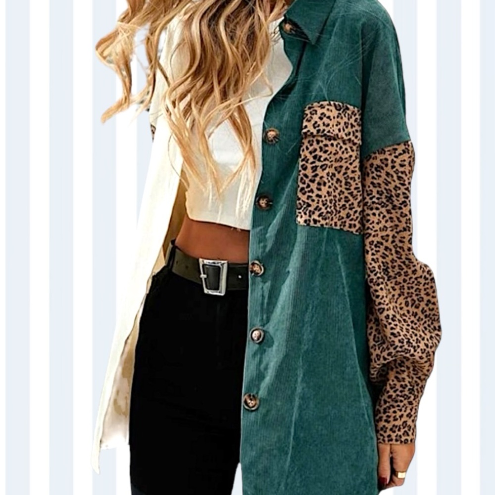 Colorblock Leopard Sleeve Relaxed Button-Up Shirt